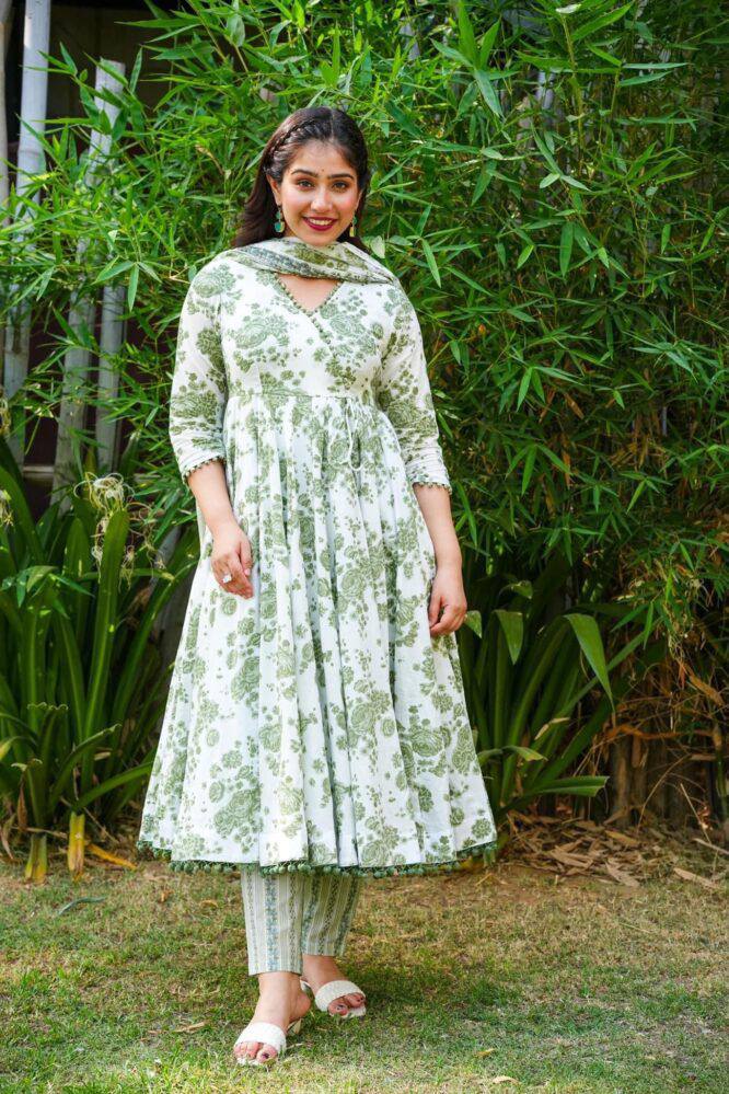 Beautiful Rayon printed gown with Pom Pom lace on nack and printed Pant & Dupatta