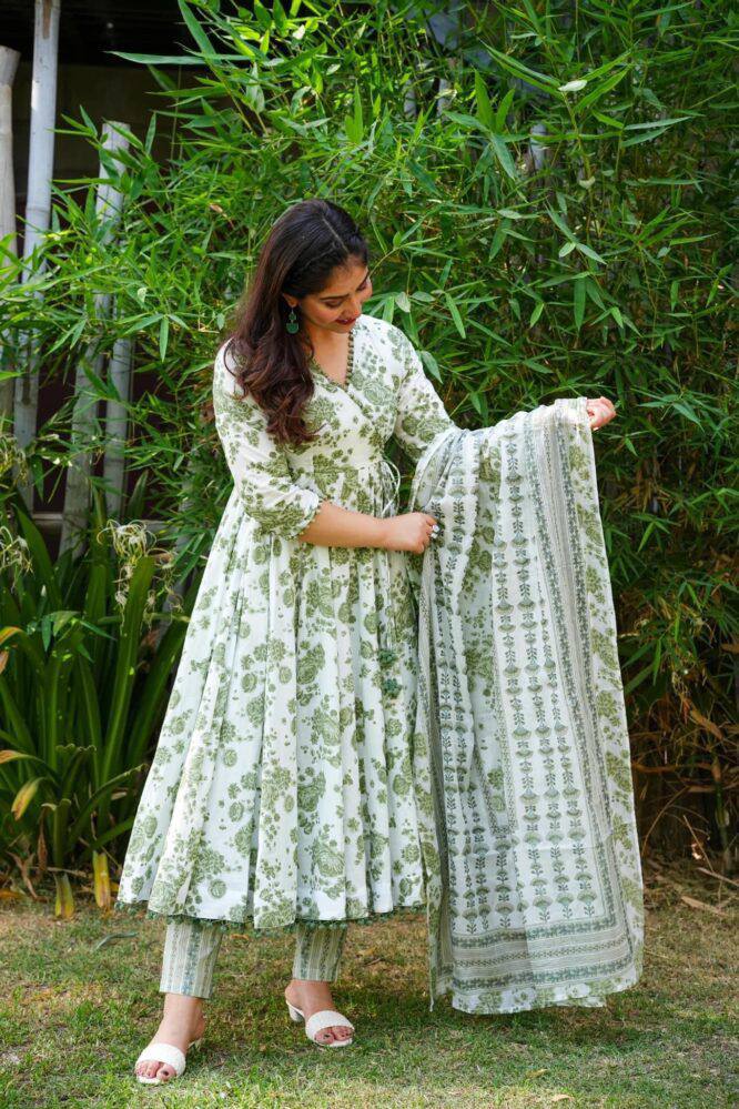 Beautiful Rayon printed gown with Pom Pom lace on nack and printed Pant & Dupatta