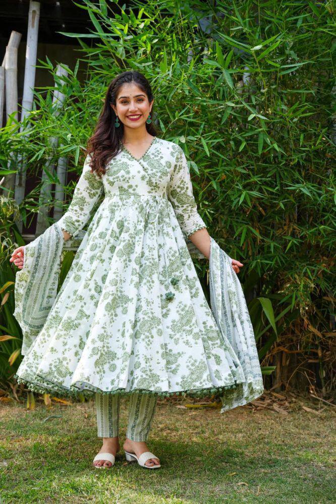 Beautiful Rayon printed gown with Pom Pom lace on nack and printed Pant & Dupatta