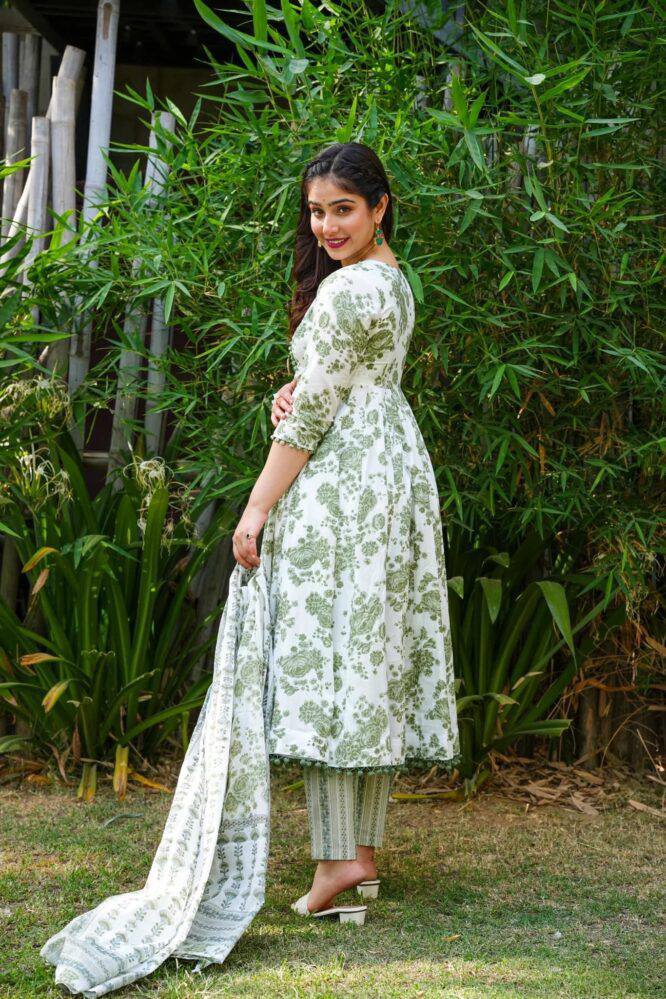 Beautiful Rayon printed gown with Pom Pom lace on nack and printed Pant & Dupatta