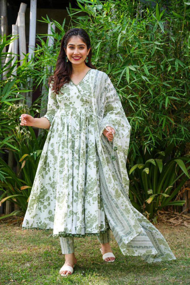 Beautiful Rayon printed gown with Pom Pom lace on nack and printed Pant & Dupatta