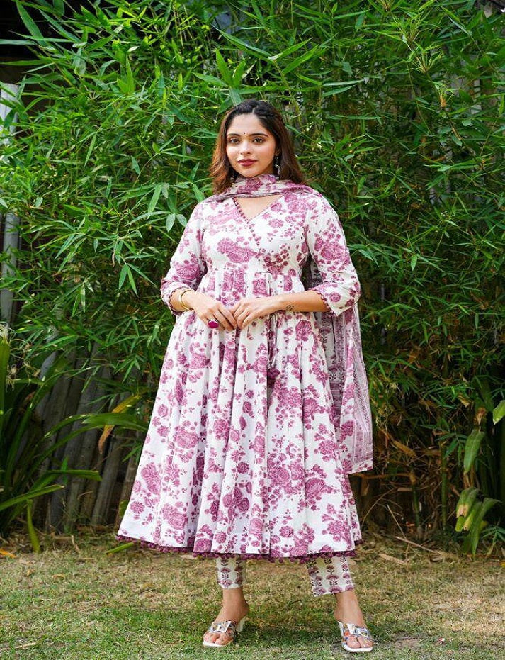 Beautiful Rayon printed gown with Pom Pom lace on nack and printed Pant & Dupatta