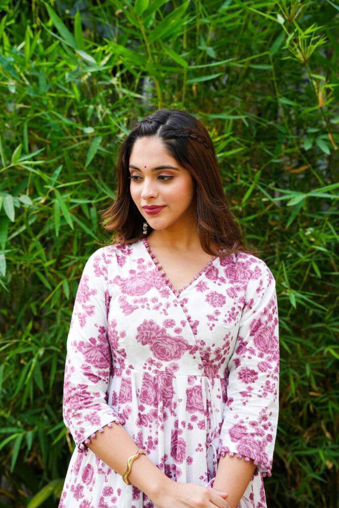Beautiful Rayon printed gown with Pom Pom lace on nack and printed Pant & Dupatta