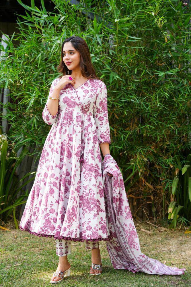 Beautiful Rayon printed gown with Pom Pom lace on nack and printed Pant & Dupatta
