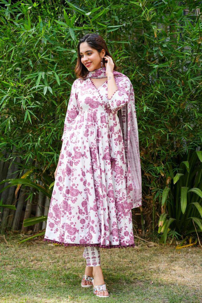 Beautiful Rayon printed gown with Pom Pom lace on nack and printed Pant & Dupatta