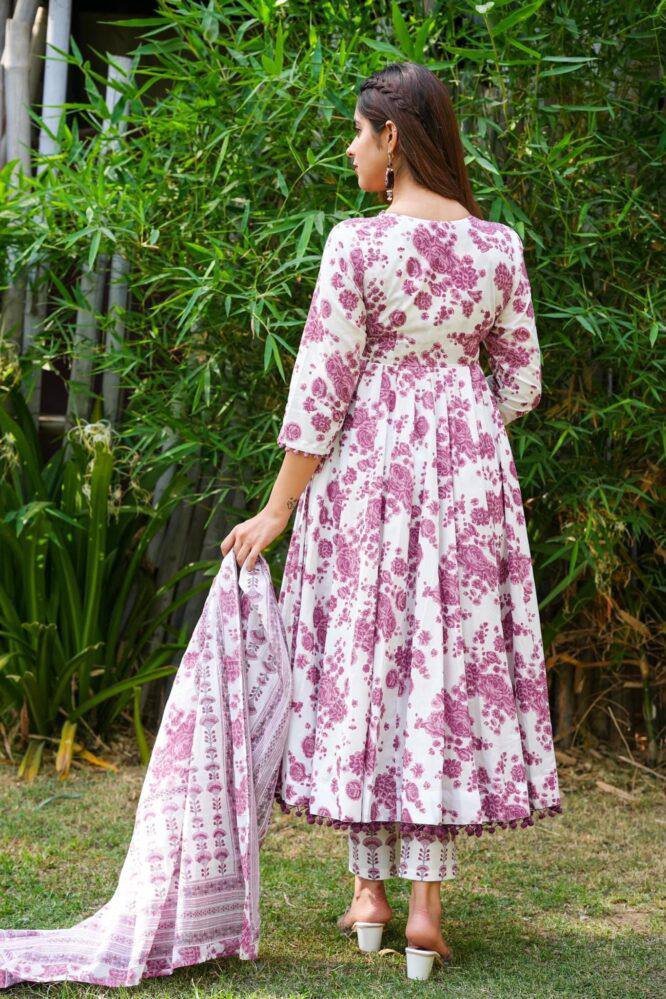 Beautiful Rayon printed gown with Pom Pom lace on nack and printed Pant & Dupatta