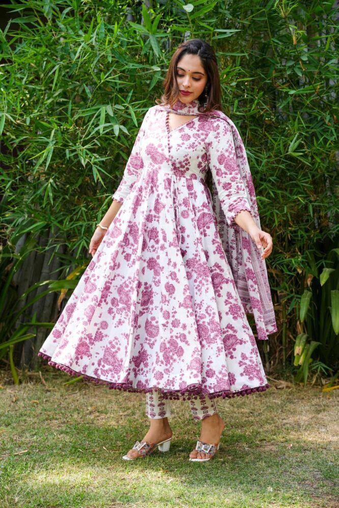 Beautiful Rayon printed gown with Pom Pom lace on nack and printed Pant & Dupatta