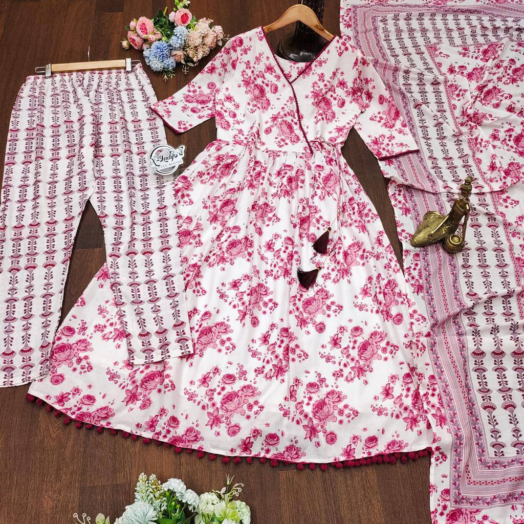 Beautiful Rayon printed gown with Pom Pom lace on nack and printed Pant & Dupatta