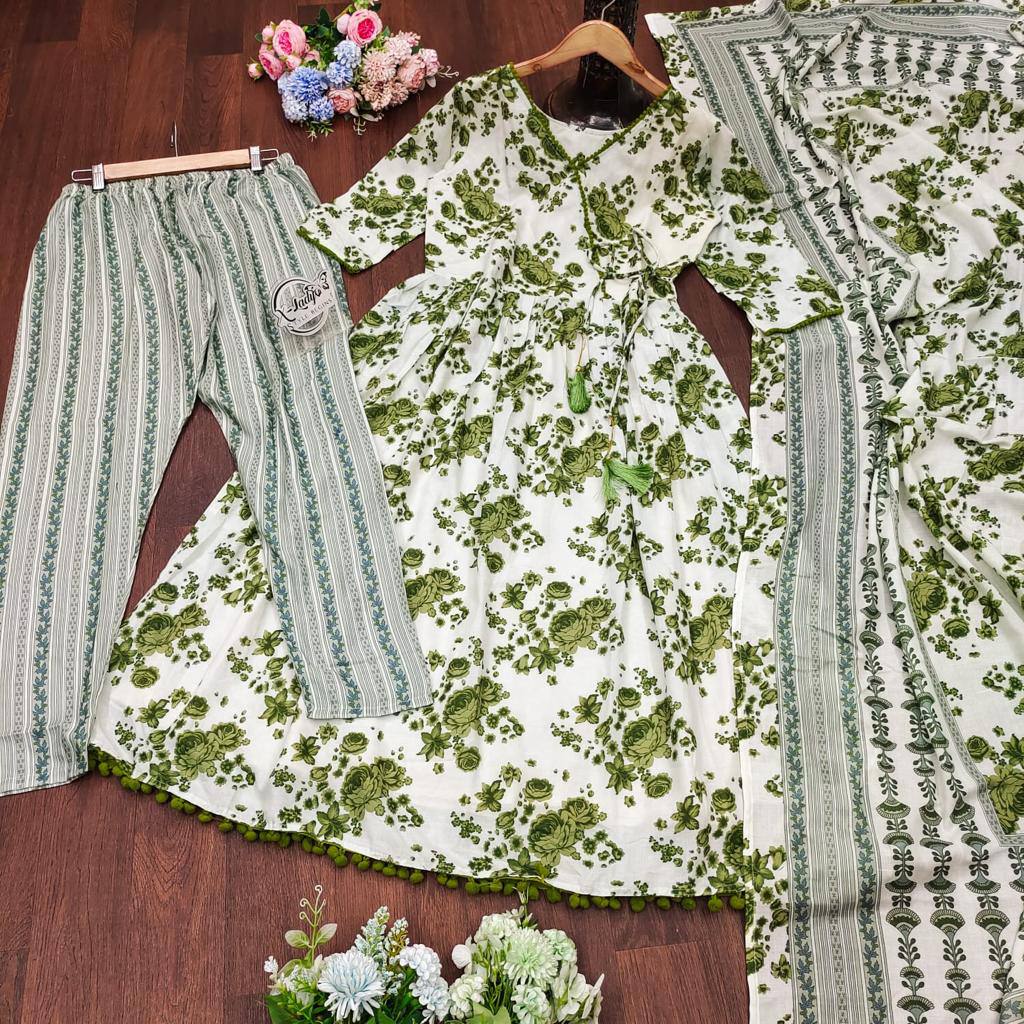 Beautiful Rayon printed gown with Pom Pom lace on nack and printed Pant & Dupatta