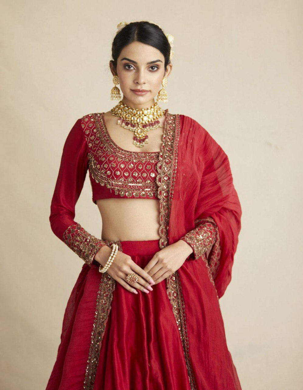 Red Chanderi Embroidered Thread Sequnce Work With Nakshi Scoop Neck Lehenga Set For Women
