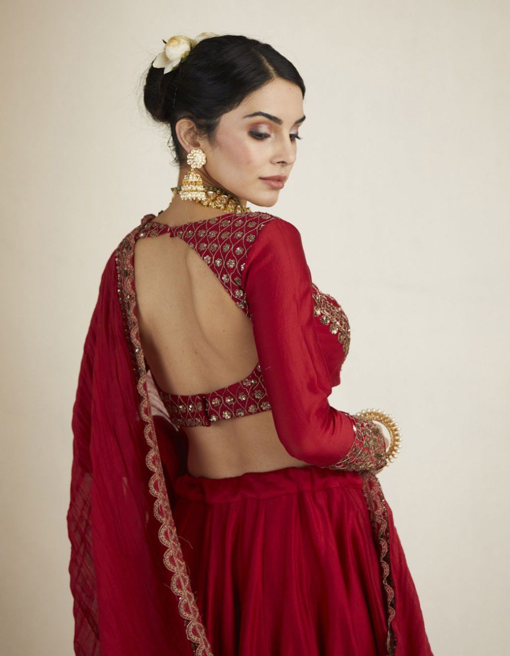 Red Chanderi Embroidered Thread Sequnce Work With Nakshi Scoop Neck Lehenga Set For Women