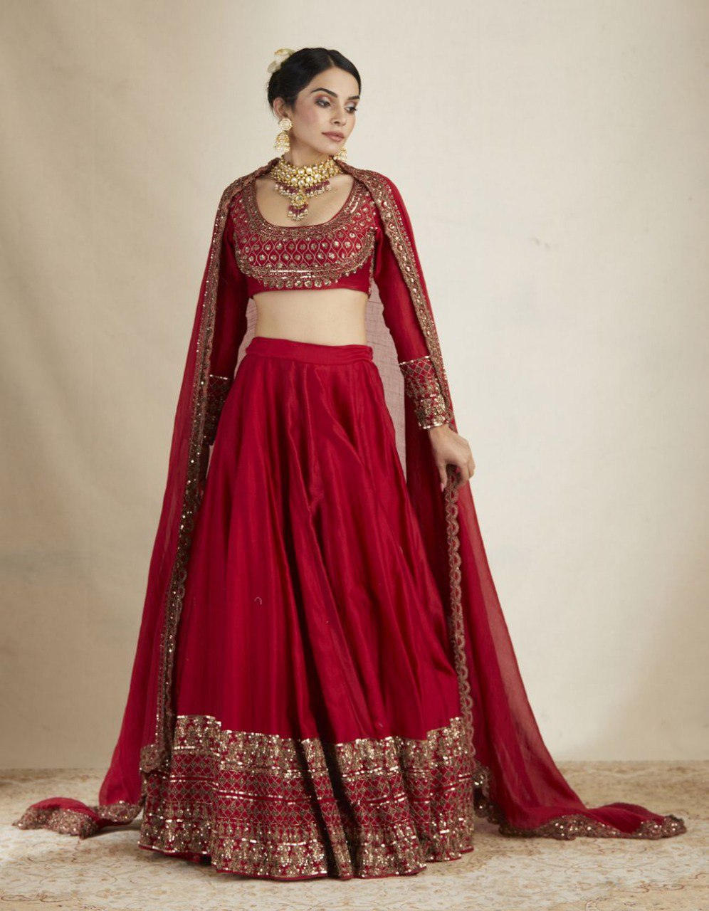 Red Chanderi Embroidered Thread Sequnce Work With Nakshi Scoop Neck Lehenga Set For Women