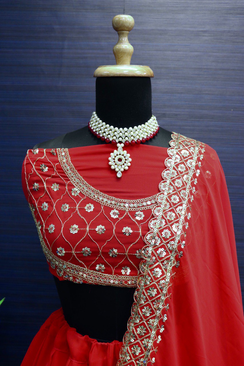 Red Chanderi Embroidered Thread Sequnce Work With Nakshi Scoop Neck Lehenga Set For Women
