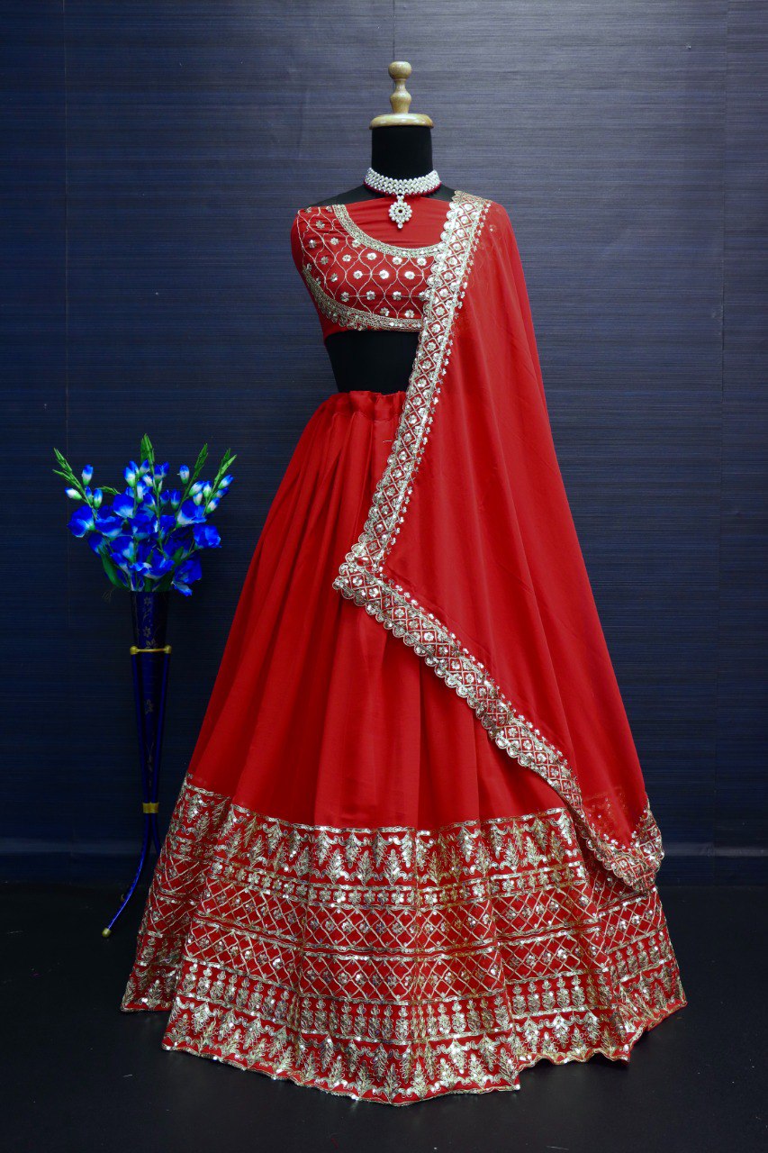 Red Chanderi Embroidered Thread Sequnce Work With Nakshi Scoop Neck Lehenga Set For Women