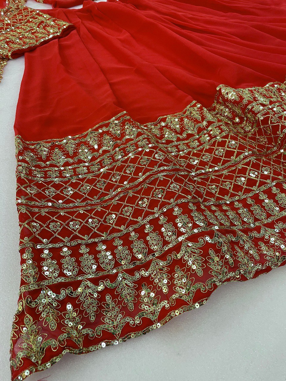Red Chanderi Embroidered Thread Sequnce Work With Nakshi Scoop Neck Lehenga Set For Women