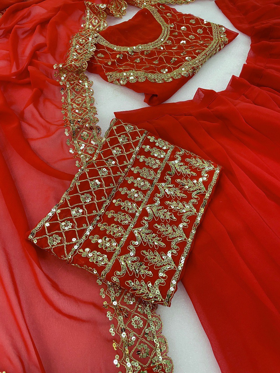 Red Chanderi Embroidered Thread Sequnce Work With Nakshi Scoop Neck Lehenga Set For Women