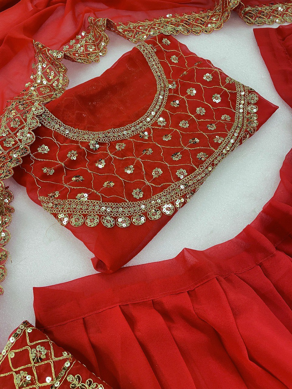 Red Chanderi Embroidered Thread Sequnce Work With Nakshi Scoop Neck Lehenga Set For Women