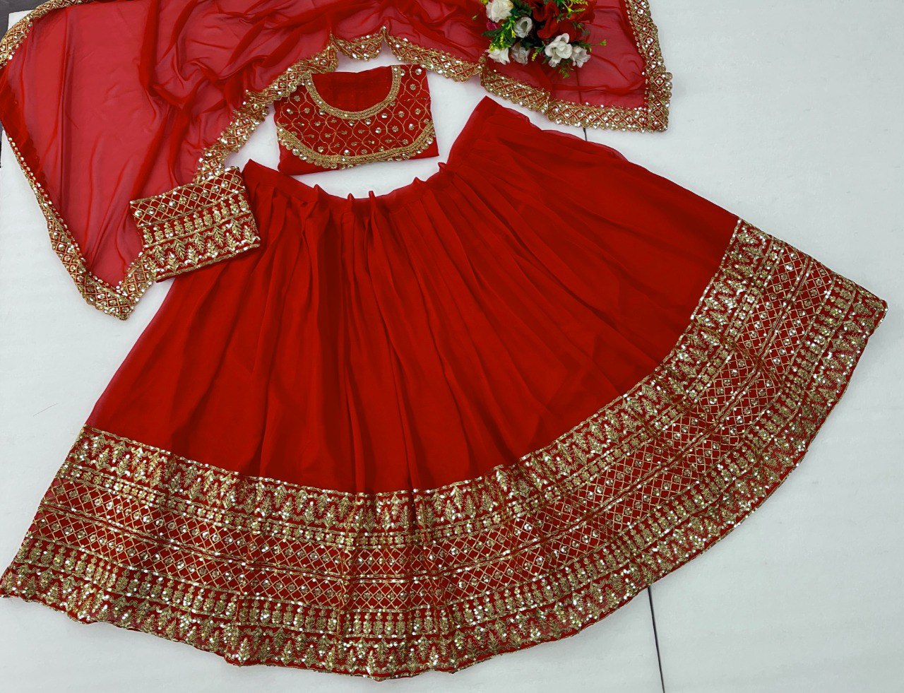 Red Chanderi Embroidered Thread Sequnce Work With Nakshi Scoop Neck Lehenga Set For Women