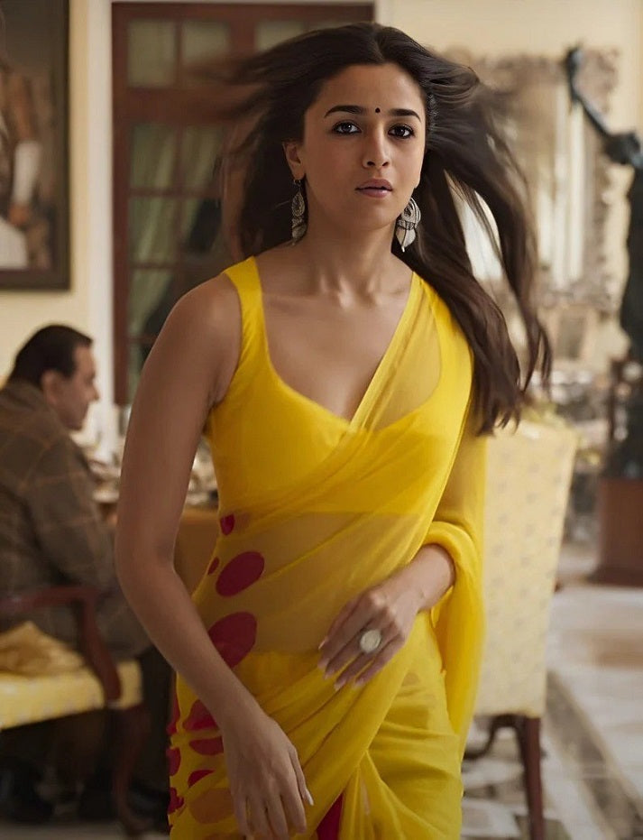 Yellow Faux Georgette Digital Printed Bollywood Saree For Womens With Beautiful Blouse Piece