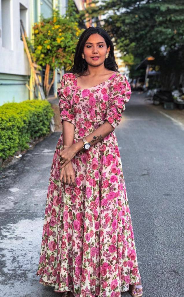 Multicolour Women's Digital Printed Fox Georgette Ethinic Wear Round Neck Maxi Gown Dress
