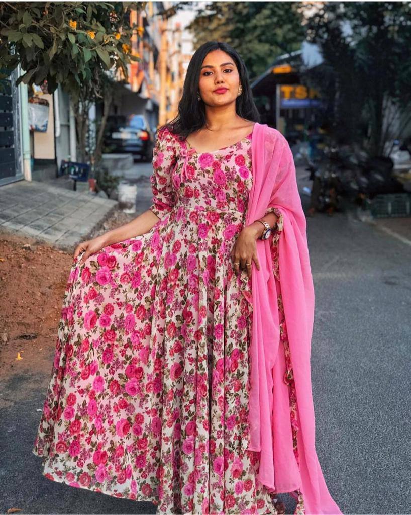 Multicolour Women's Digital Printed Fox Georgette Ethinic Wear Round Neck Maxi Gown Dress