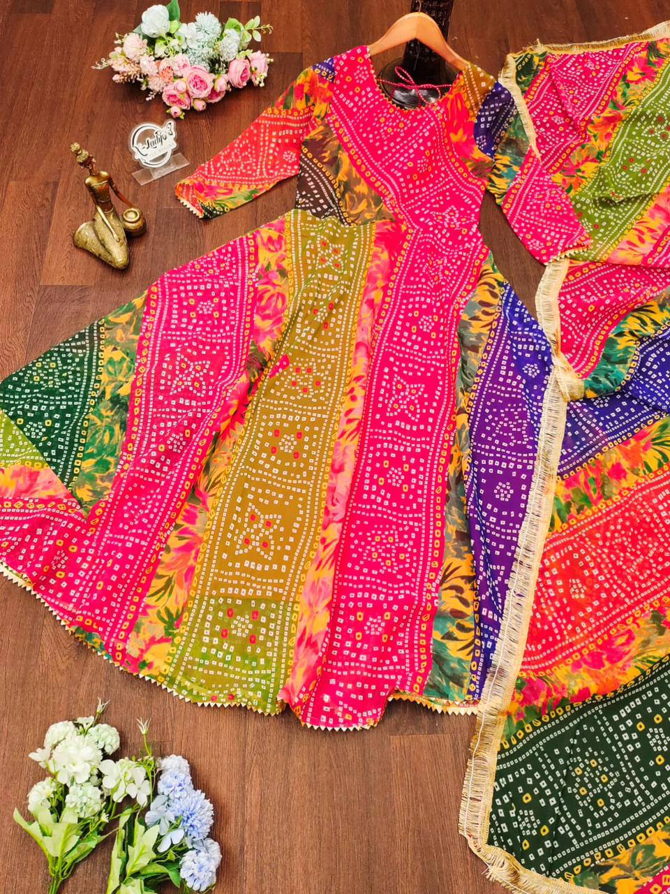 Bollywood Designer Partywear Readymade Full Flared Anarkali Gown Pant Dupatta,Women Ethnic Wear Suit,Lehariya Bandhani Anarkali,Indian wedding Suit