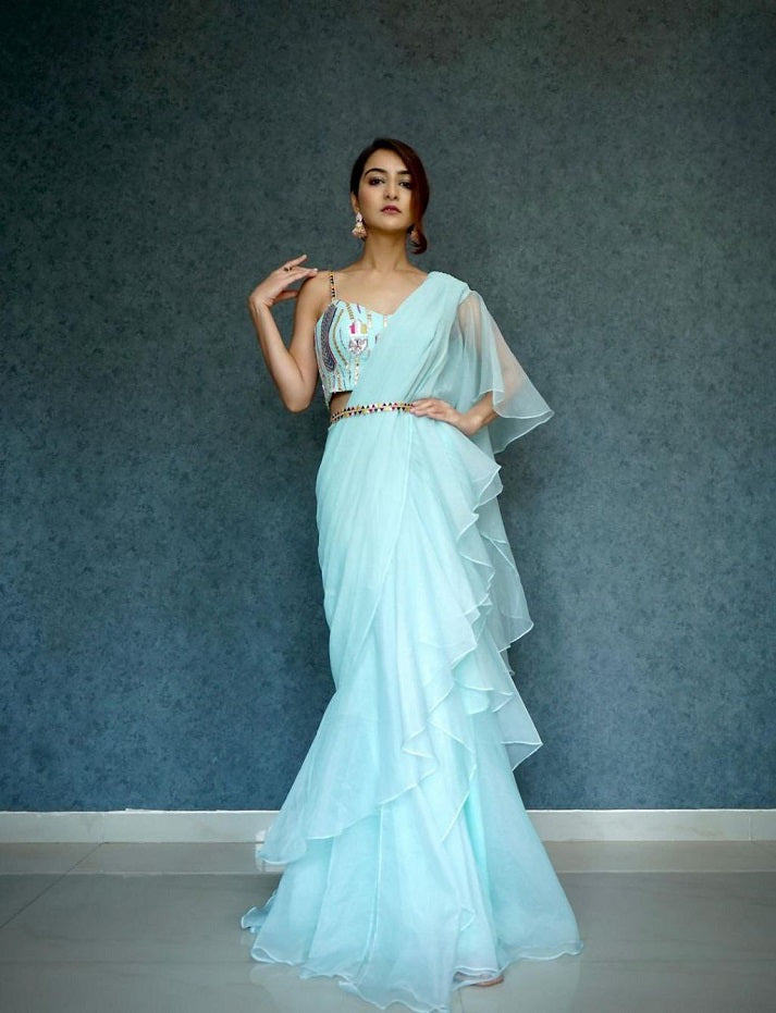 Sky Blue Womens Ready To Wear Lehenga Saree & Belt Bollywood Style Organza Silk Fabric With Embrodery Sequance Work