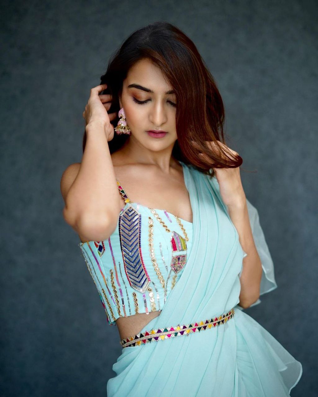 Sky Blue Womens Ready To Wear Lehenga Saree & Belt Bollywood Style Organza Silk Fabric With Embrodery Sequance Work