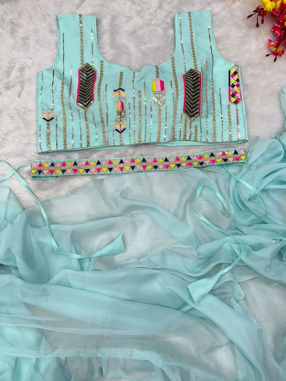 Sky Blue Womens Ready To Wear Lehenga Saree & Belt Bollywood Style Organza Silk Fabric With Embrodery Sequance Work