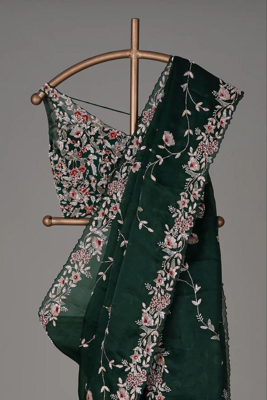 Wedding Wear Green Color Embroidery Lace Border Organza Saree With Mono Silk Blouse