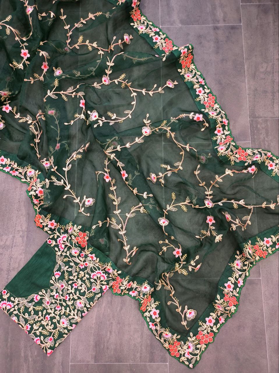 Wedding Wear Green Color Embroidery Lace Border Organza Saree With Mono Silk Blouse