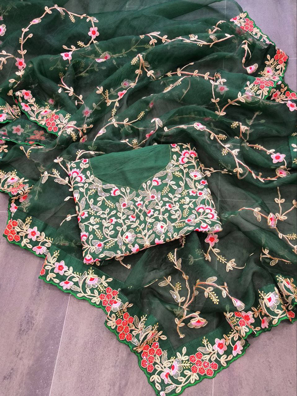 Wedding Wear Green Color Embroidery Lace Border Organza Saree With Mono Silk Blouse