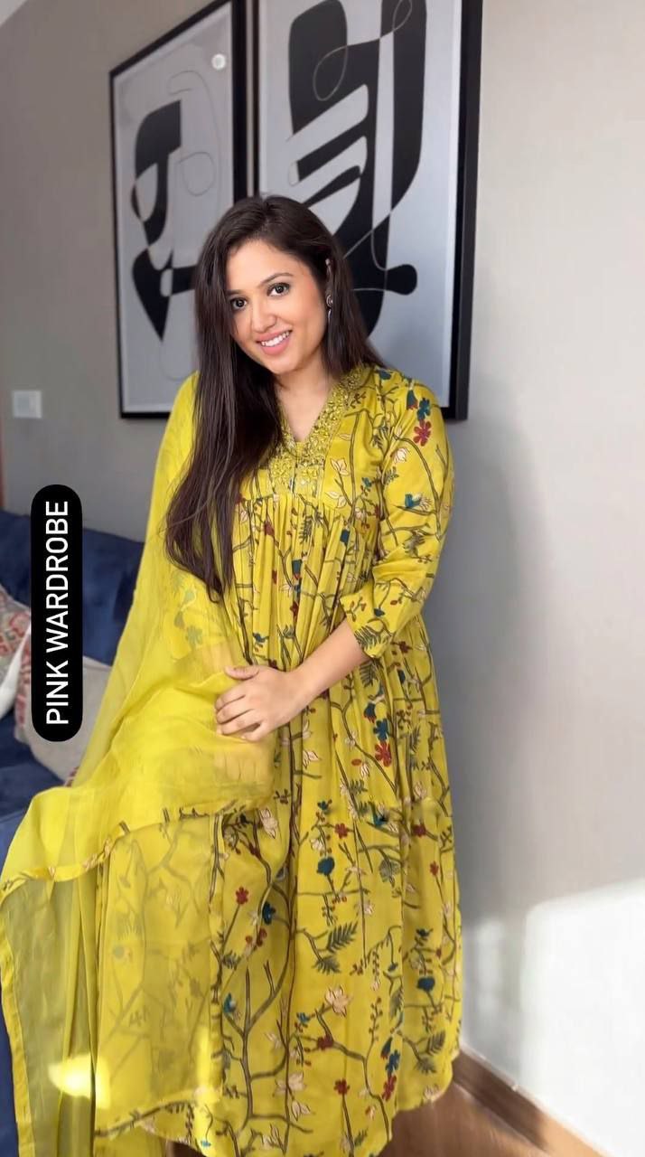 Yellow Digital Print Rayon Full-Stitched Embroidered Anarkali Gown with pant and Dupatta