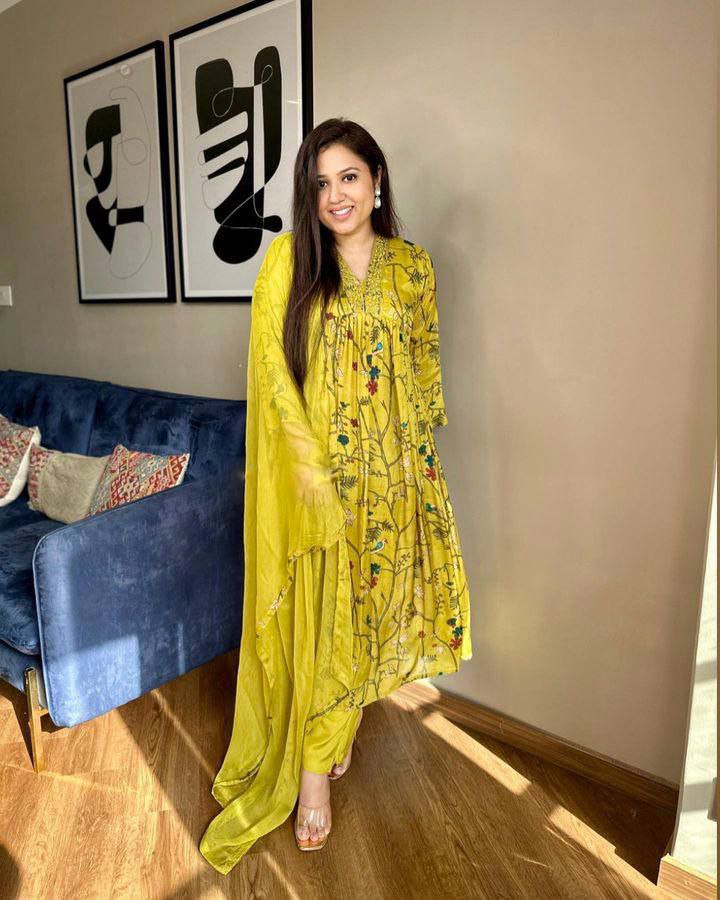 Yellow Digital Print Rayon Full-Stitched Embroidered Anarkali Gown with pant and Dupatta