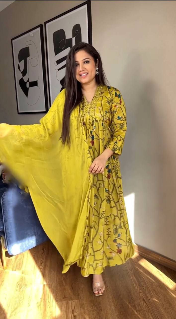 Yellow Digital Print Rayon Full-Stitched Embroidered Anarkali Gown with pant and Dupatta