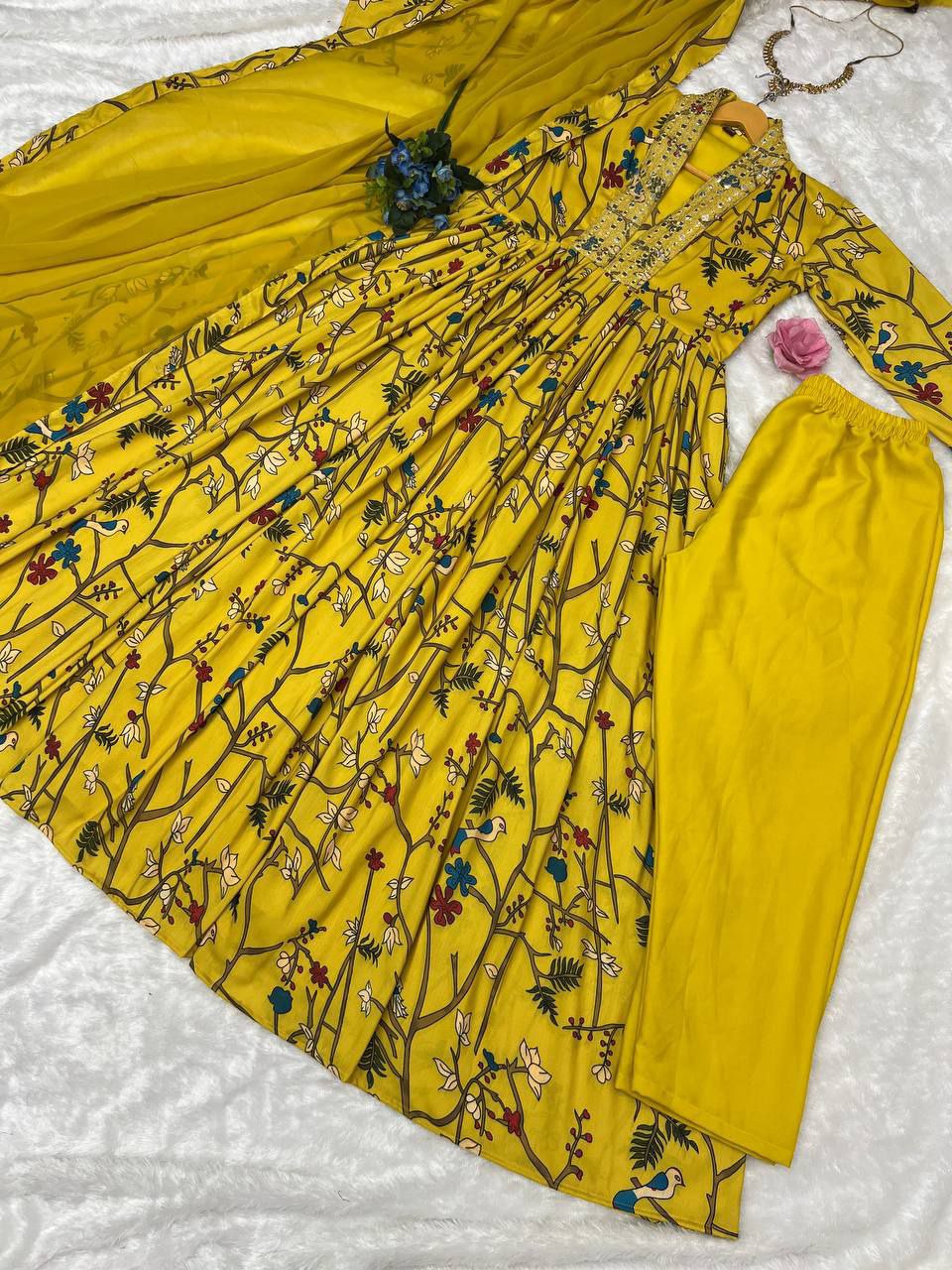 Yellow Digital Print Rayon Full-Stitched Embroidered Anarkali Gown with pant and Dupatta