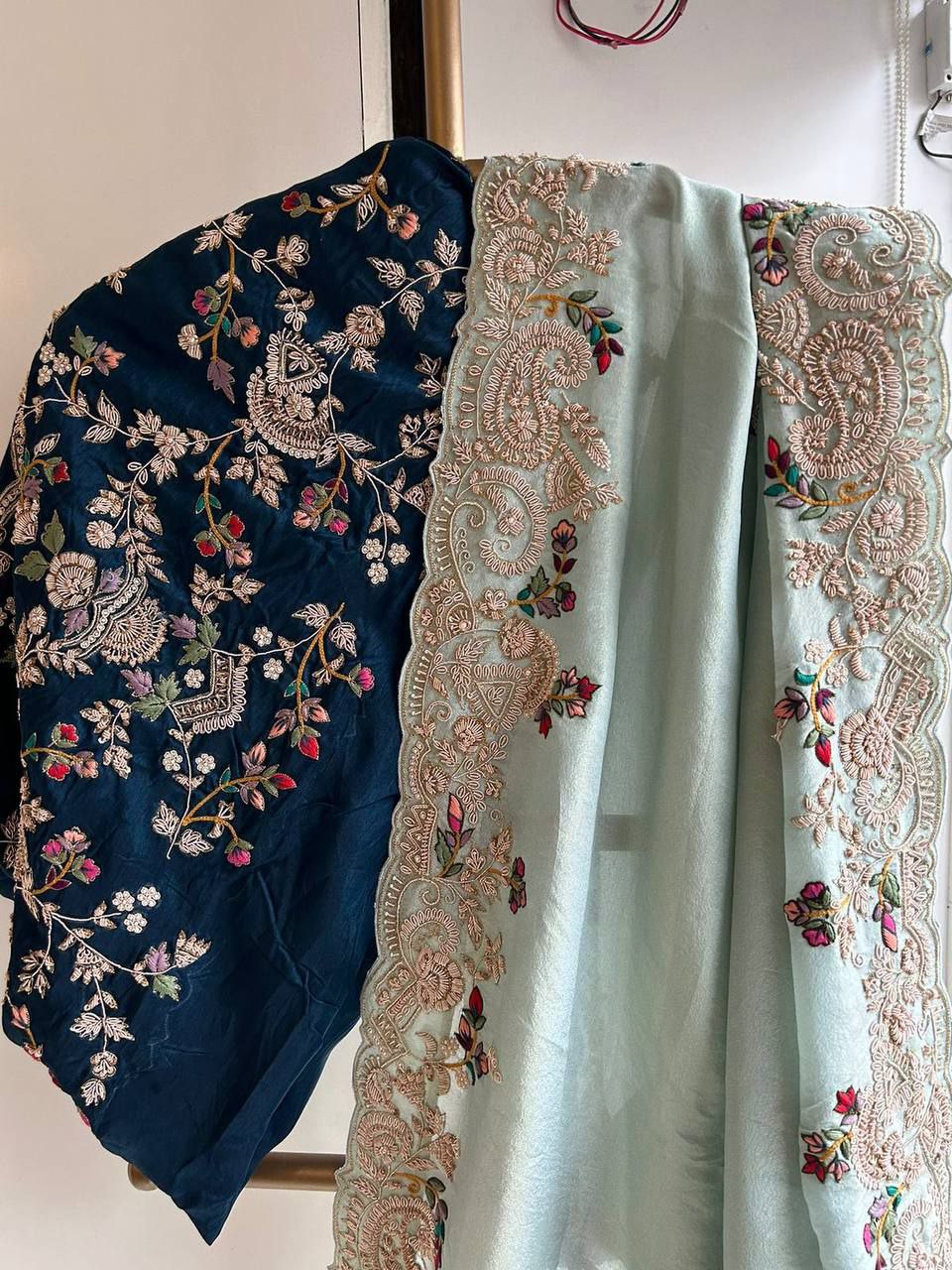 Sky Blue Soft Chinnon Silk Saree Sequence With Cut Work Border Blouse Piece