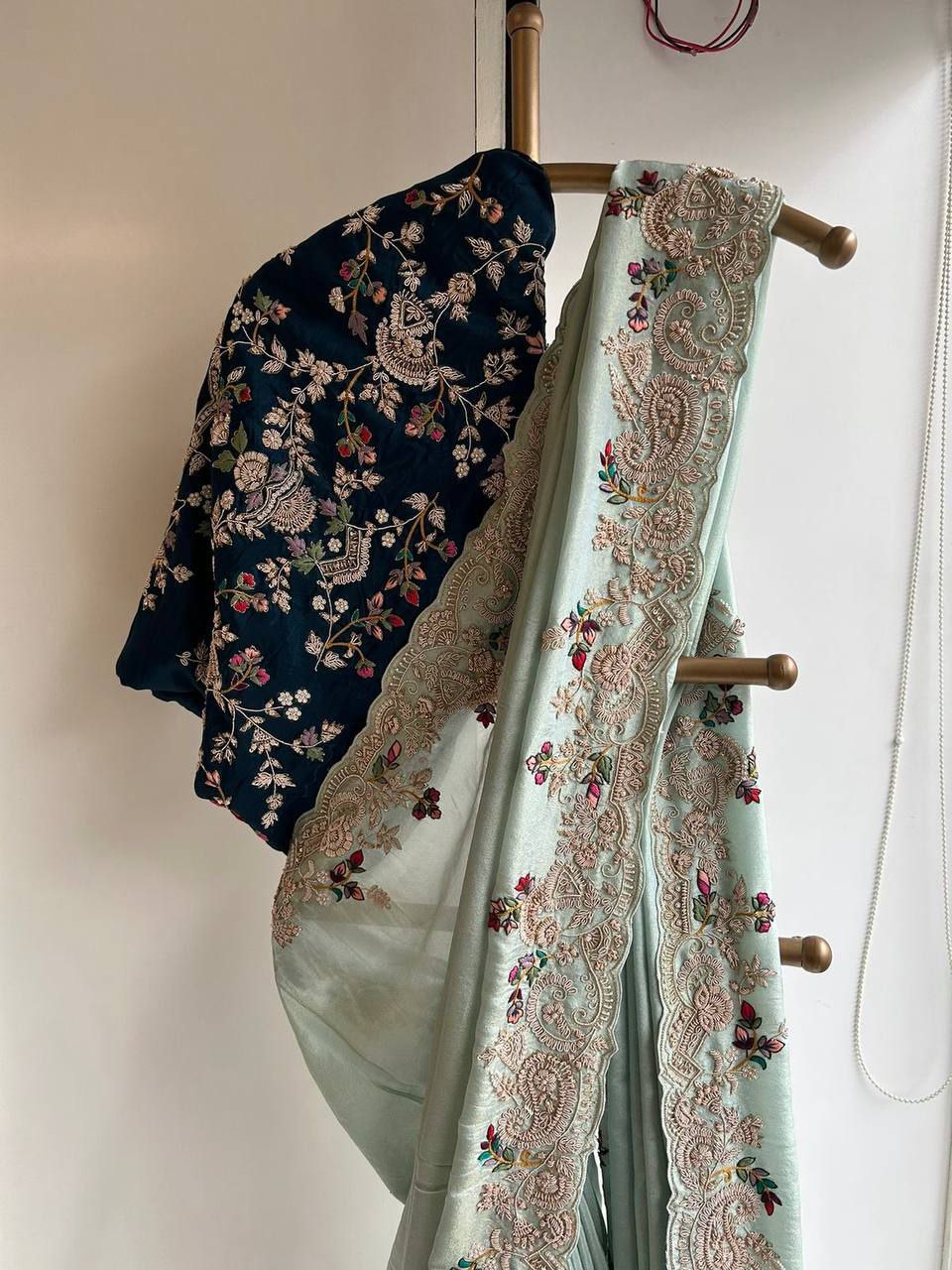 Sky Blue Soft Chinnon Silk Saree Sequence With Cut Work Border Blouse Piece