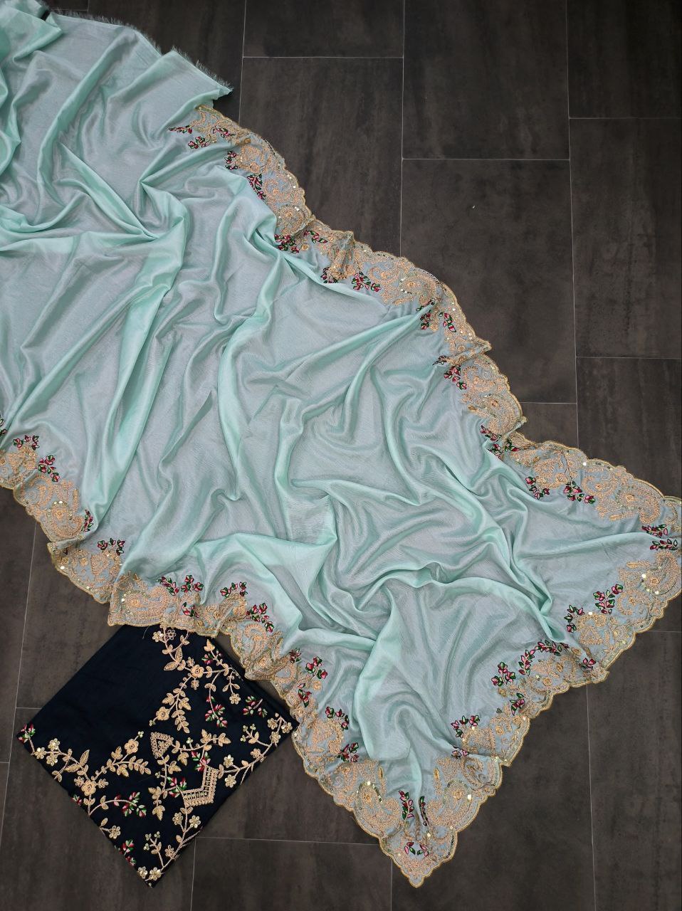 Sky Blue Soft Chinnon Silk Saree Sequence With Cut Work Border Blouse Piece