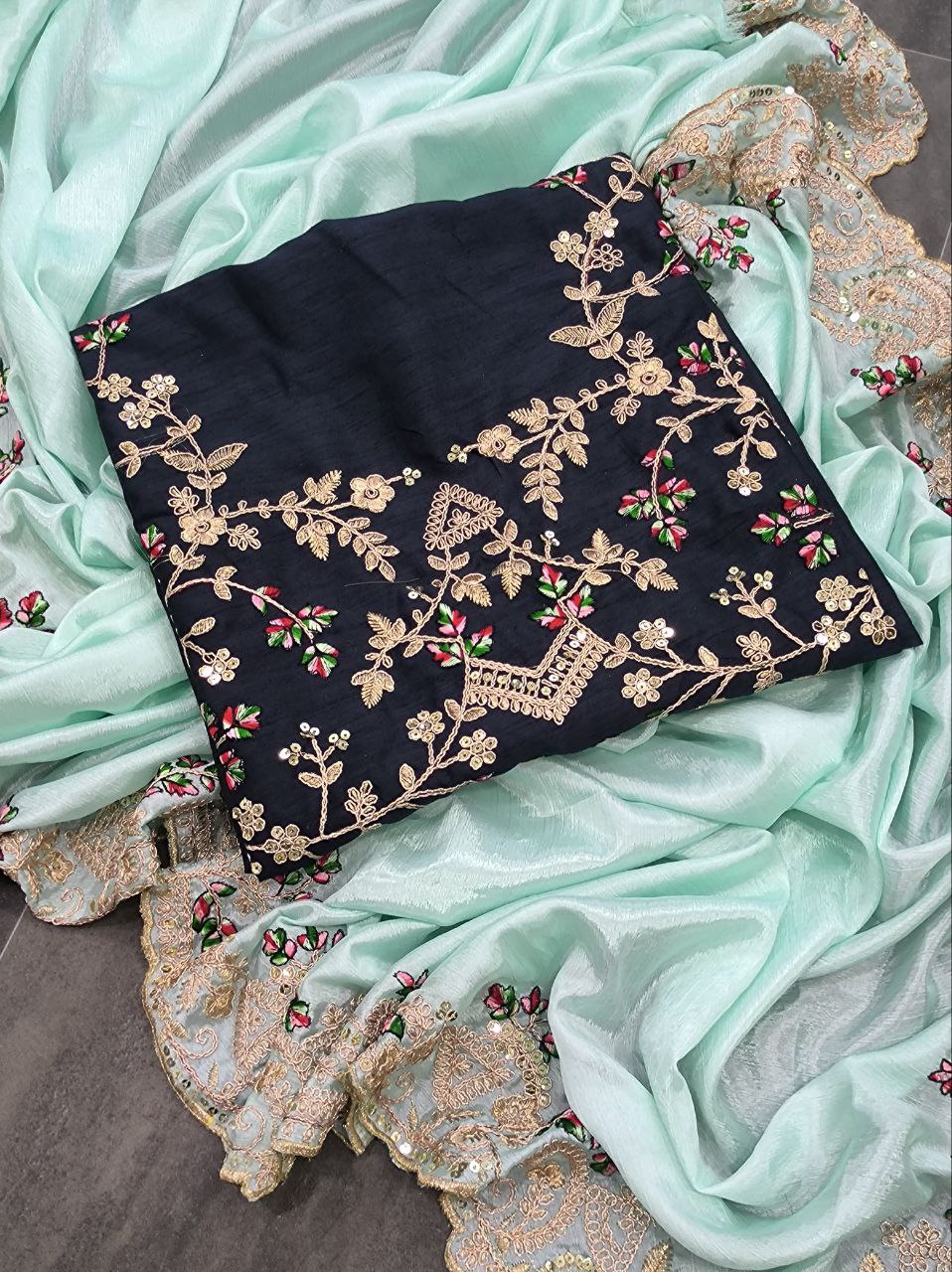 Sky Blue Soft Chinnon Silk Saree Sequence With Cut Work Border Blouse Piece