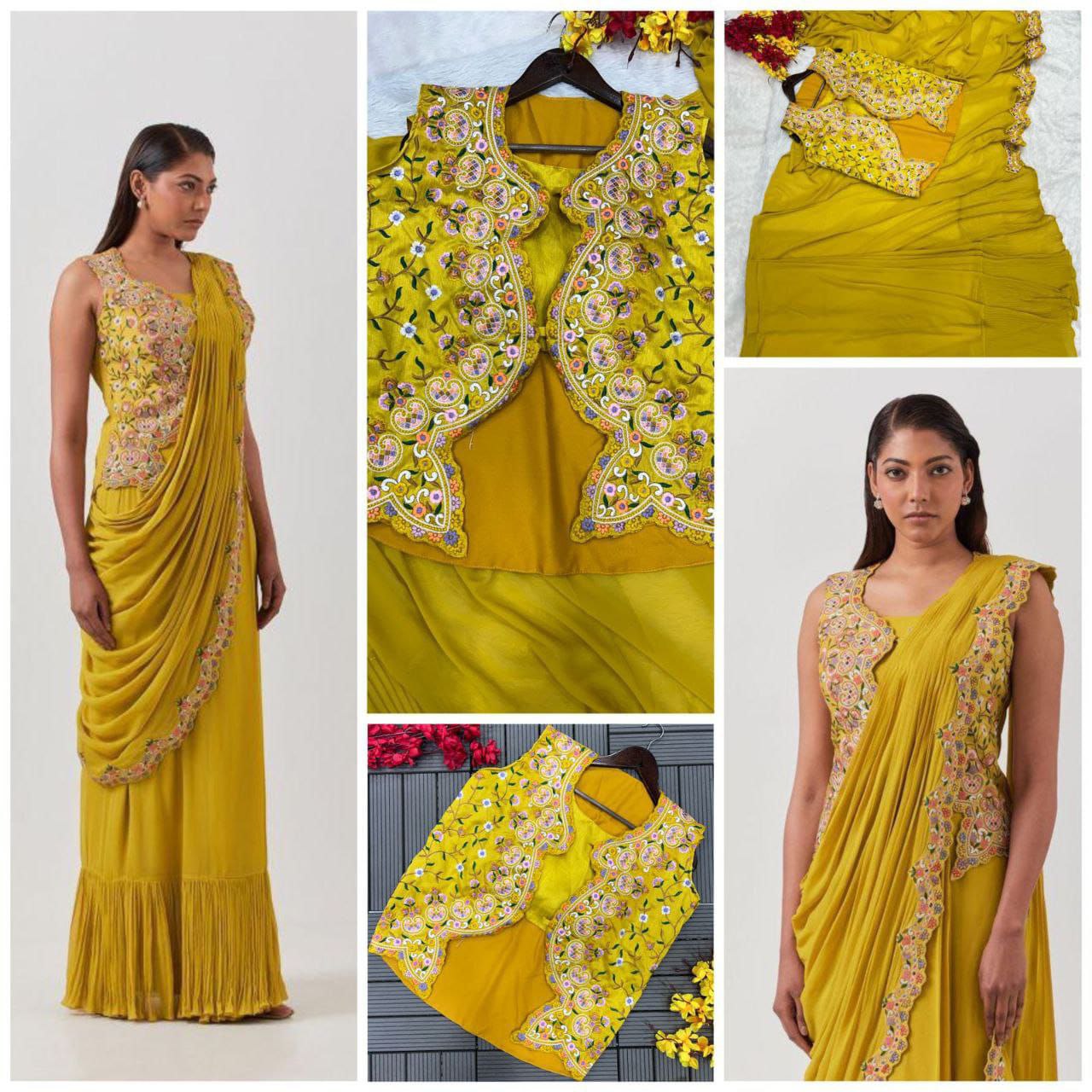 YELLOW READY TO WEAR SAREE WITH BEAUTIFUL EMBROIDERY WORK JACKET WITH STITCHED BLOUSE