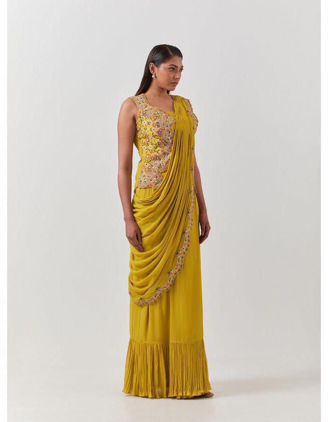 YELLOW READY TO WEAR SAREE WITH BEAUTIFUL EMBROIDERY WORK JACKET WITH STITCHED BLOUSE