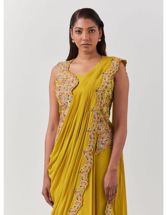 YELLOW READY TO WEAR SAREE WITH BEAUTIFUL EMBROIDERY WORK JACKET WITH STITCHED BLOUSE