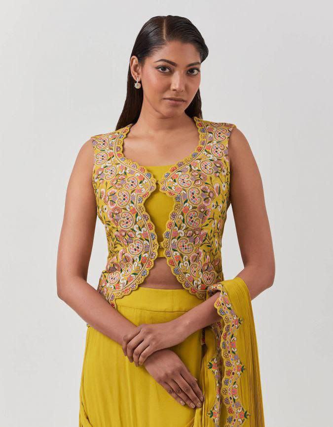 YELLOW READY TO WEAR SAREE WITH BEAUTIFUL EMBROIDERY WORK JACKET WITH STITCHED BLOUSE