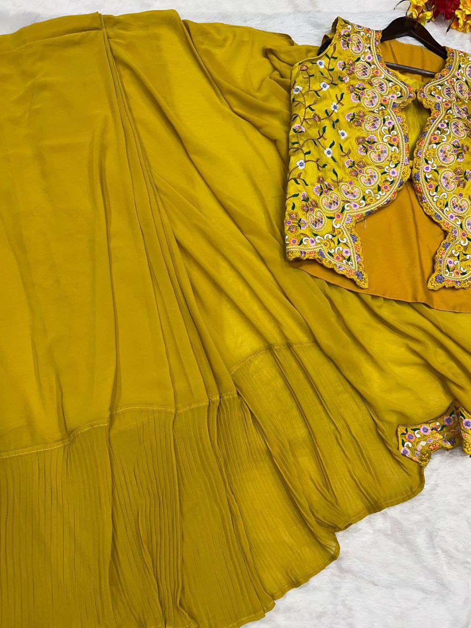 YELLOW READY TO WEAR SAREE WITH BEAUTIFUL EMBROIDERY WORK JACKET WITH STITCHED BLOUSE