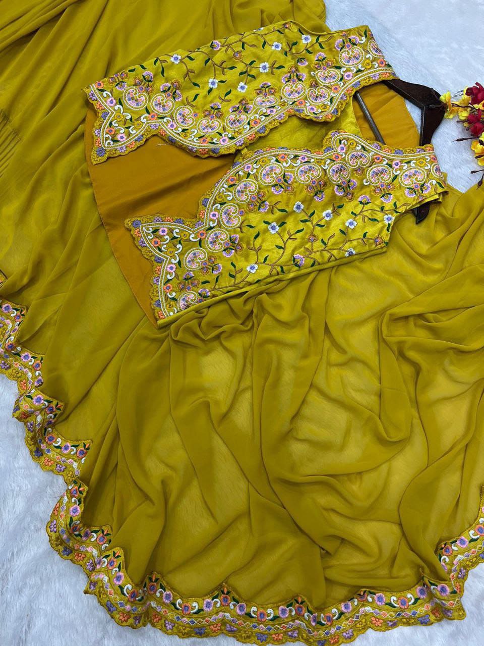 YELLOW READY TO WEAR SAREE WITH BEAUTIFUL EMBROIDERY WORK JACKET WITH STITCHED BLOUSE