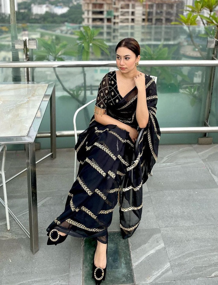Black Saree Customised Ready to Wear Blouse N Saree Bollywood Style Party Wear Saree With Designer Blouse Saree