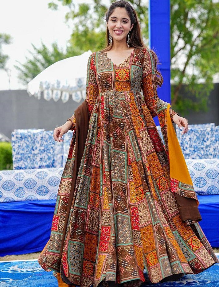 Multicolor Fox Georgette Maxi Dress With Nazneen Dupatta Partywear Suit Set For Girls & Women