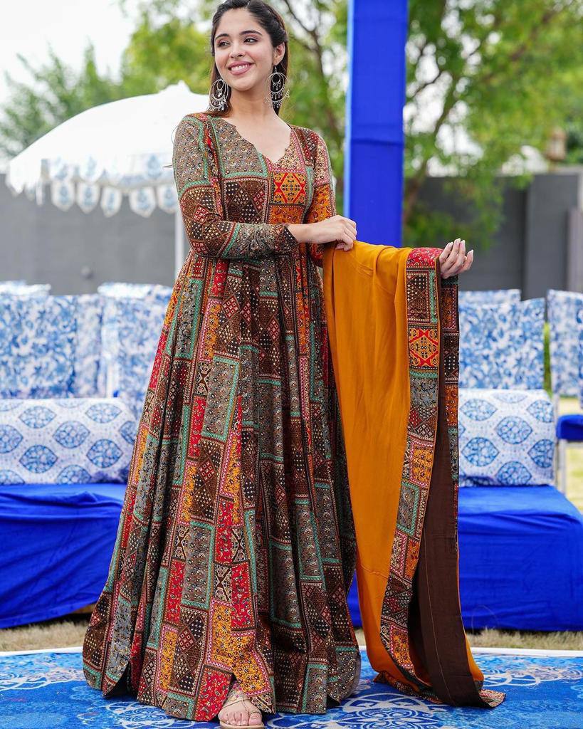 Multicolor Fox Georgette Maxi Dress With Nazneen Dupatta Partywear Suit Set For Girls & Women