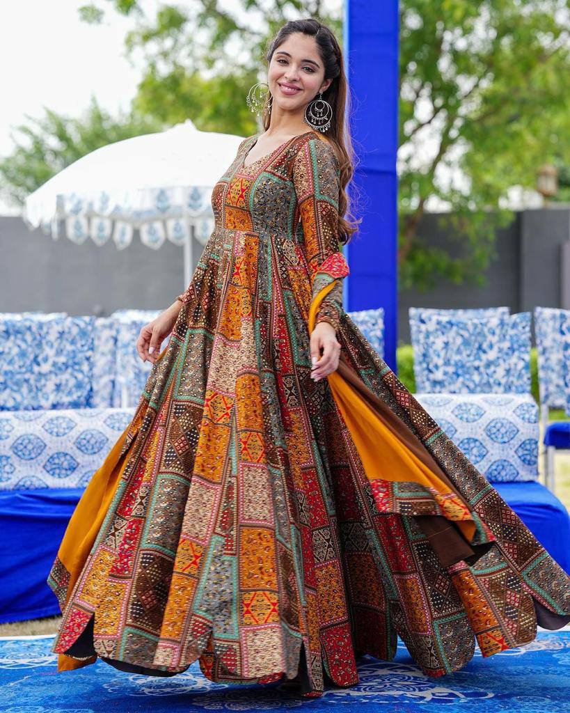 Multicolor Fox Georgette Maxi Dress With Nazneen Dupatta Partywear Suit Set For Girls & Women